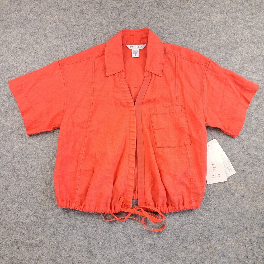Athleta Playa Tie Top Womens Extra Small Orange Coral Short Sleeve Linen NEW